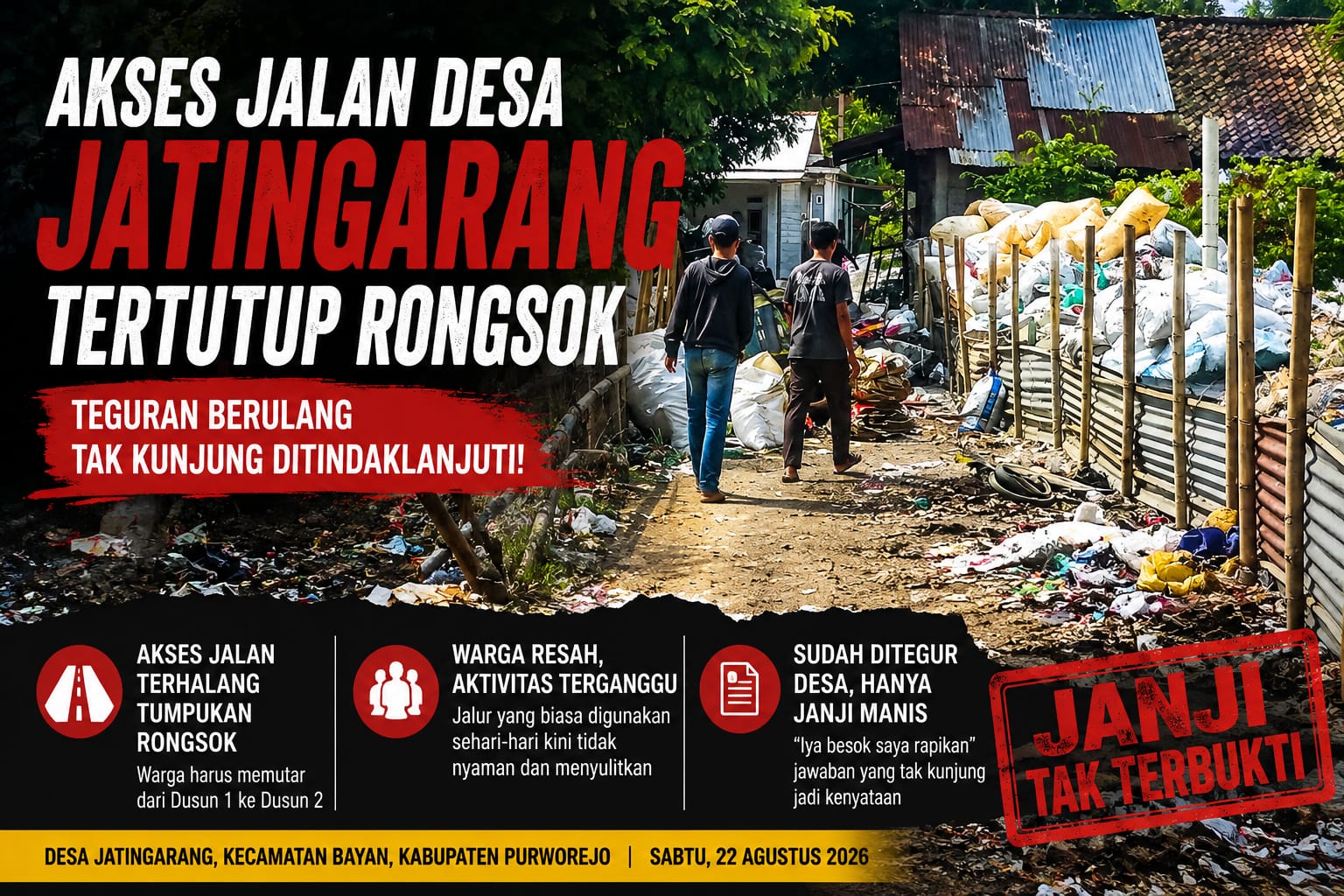 Tumpukan barang rongsok yang menutupi akses jalan warga di Desa Jatingarang, Purworejo.