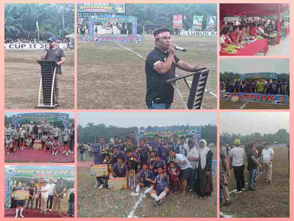 Penyerahan trofi juara kepada tim Kemang FC dalam ajang final Lubuk Raja Cup II di Pelalawan, Riau.