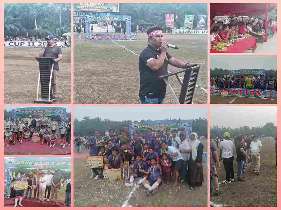 Penyerahan trofi juara kepada tim Kemang FC dalam ajang final Lubuk Raja Cup II di Pelalawan, Riau.