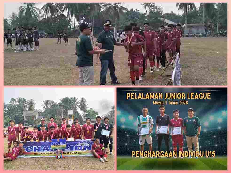 Tim Siago Junior FC mengangkat trofi juara Pelalawan Junior League U15 2026.