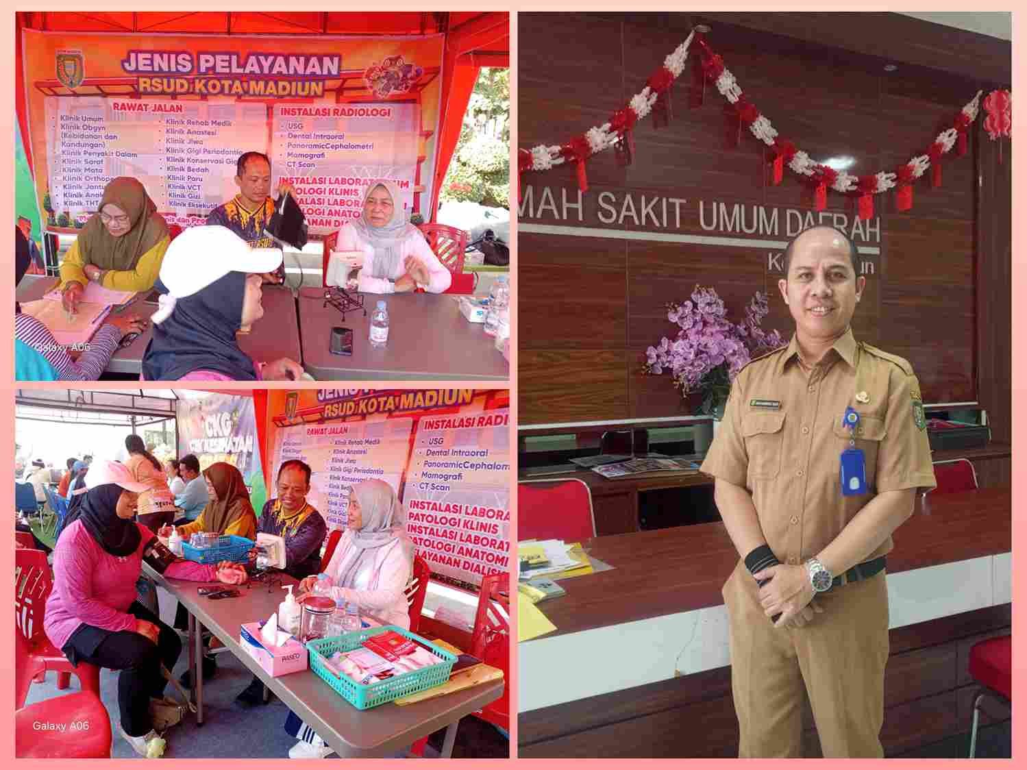 Warga antre mengikuti pemeriksaan kesehatan gratis di area Car Free Day Kota Madiun.