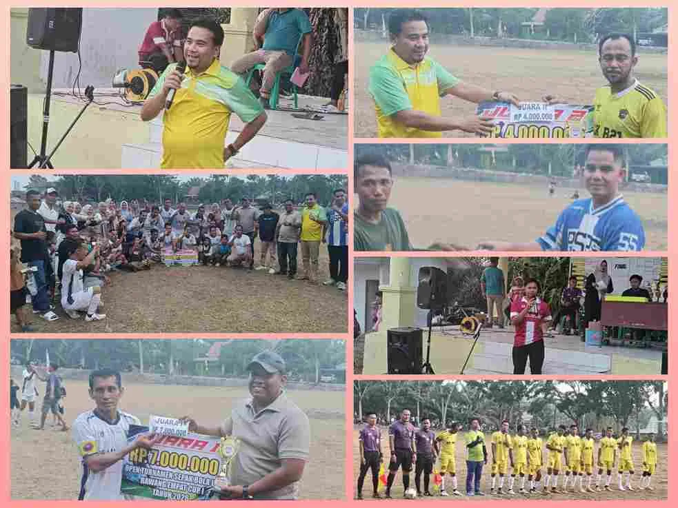 Penyerahan trofi kepada Pangkalan Malako FC sebagai juara Rawang IV Cup 1 di Pelalawan.