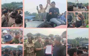 Ratusan warga yang tergabung dalam Aliansi Nelayan Peduli Sungai Kerumutan saat menggelar aksi unjuk rasa di depan PT KPT.