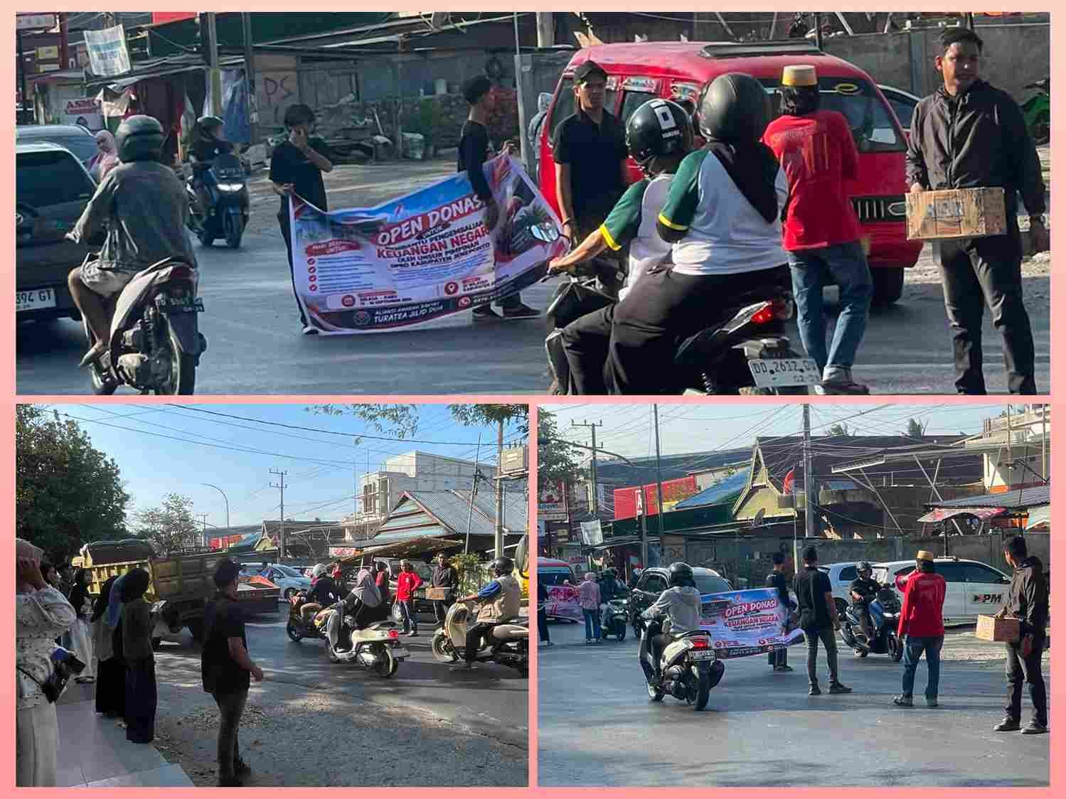 Aksi penggalangan dana oleh Aliansi Amarah Rakyat Turatea di persimpangan Belokallong, Jeneponto.