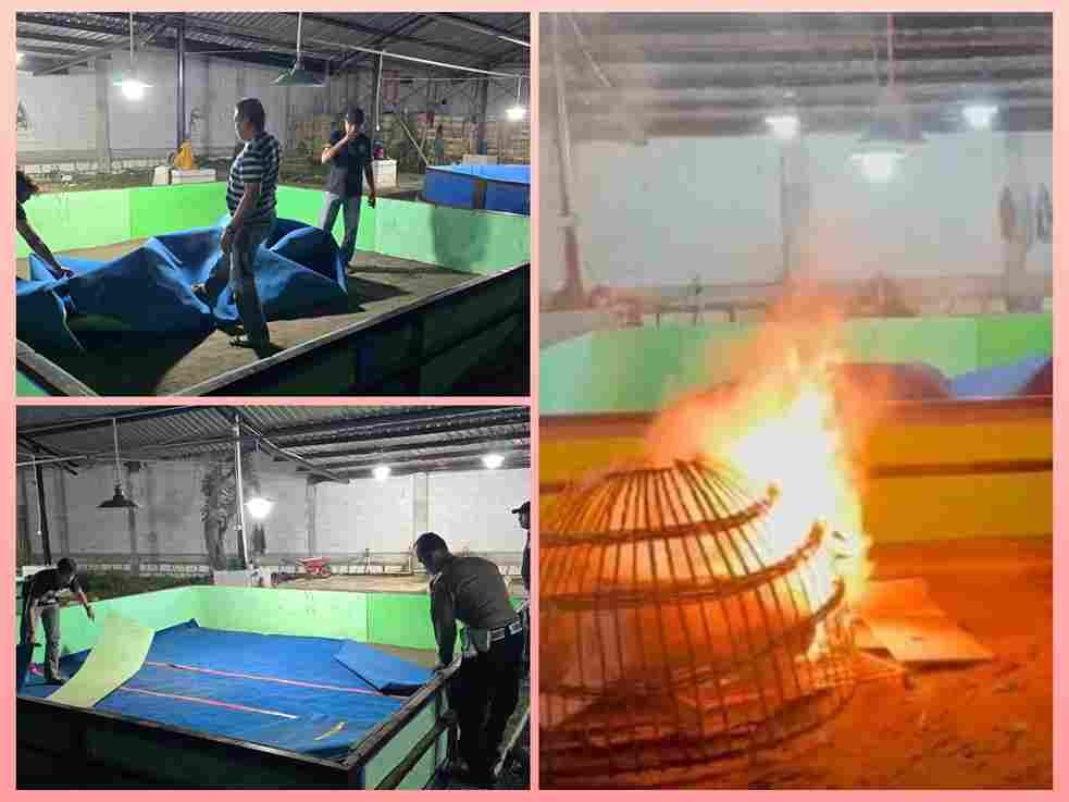 Petugas kepolisian saat melakukan pengecekan dan pembongkaran sarana aduan ayam di Desa Klurak.