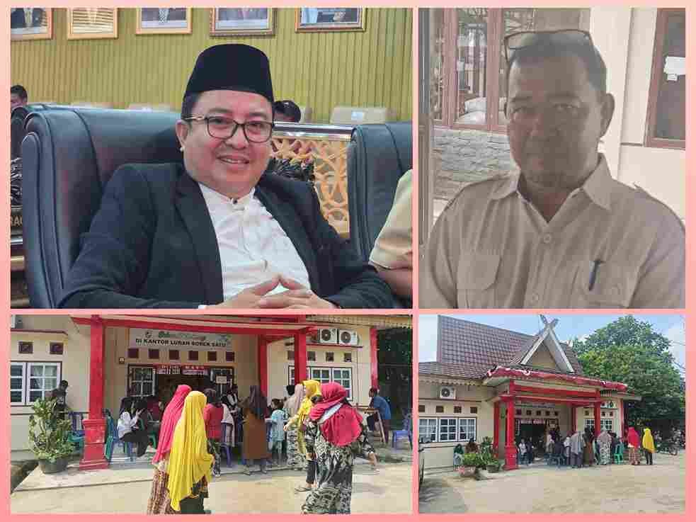 Suasana penyaluran bantuan sosial beras kepada warga di Kelurahan Sorek Satu, Kabupaten Pelalawan.