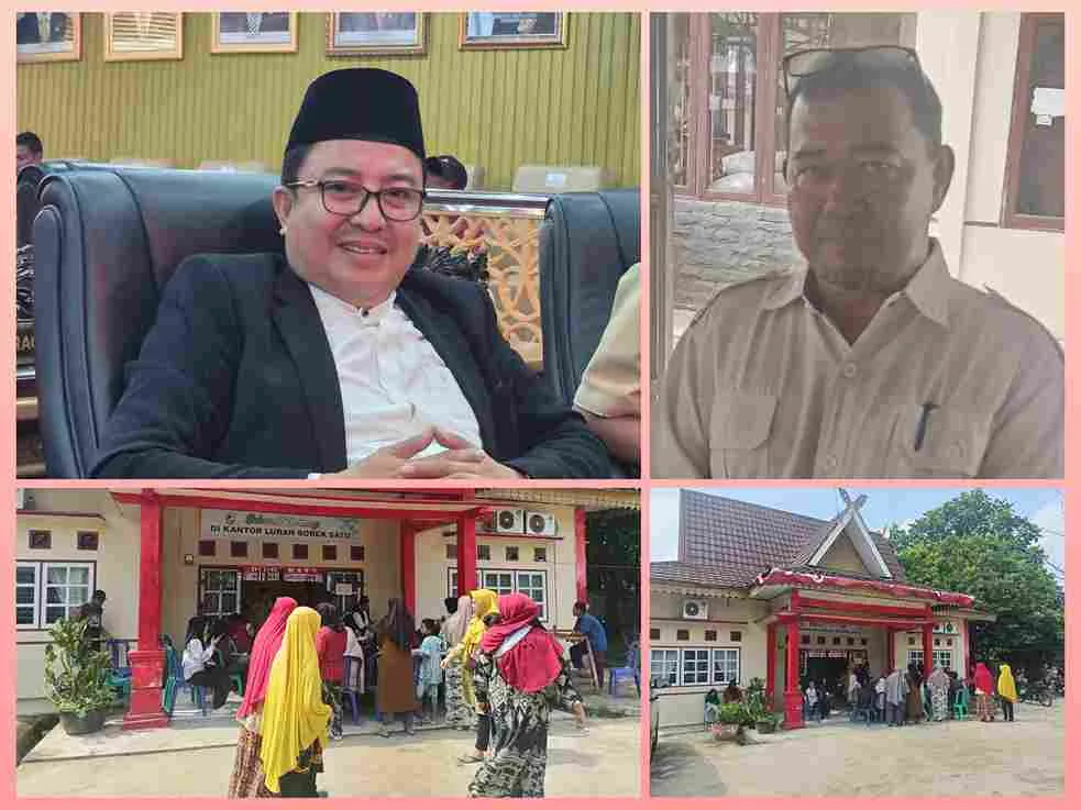 Suasana penyaluran bantuan sosial beras kepada warga di Kelurahan Sorek Satu, Kabupaten Pelalawan.