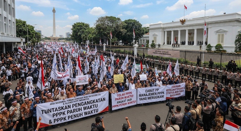 Ilustrasi massa aksi demonstrasi di depan kawasan Istana Negara, Jakarta.