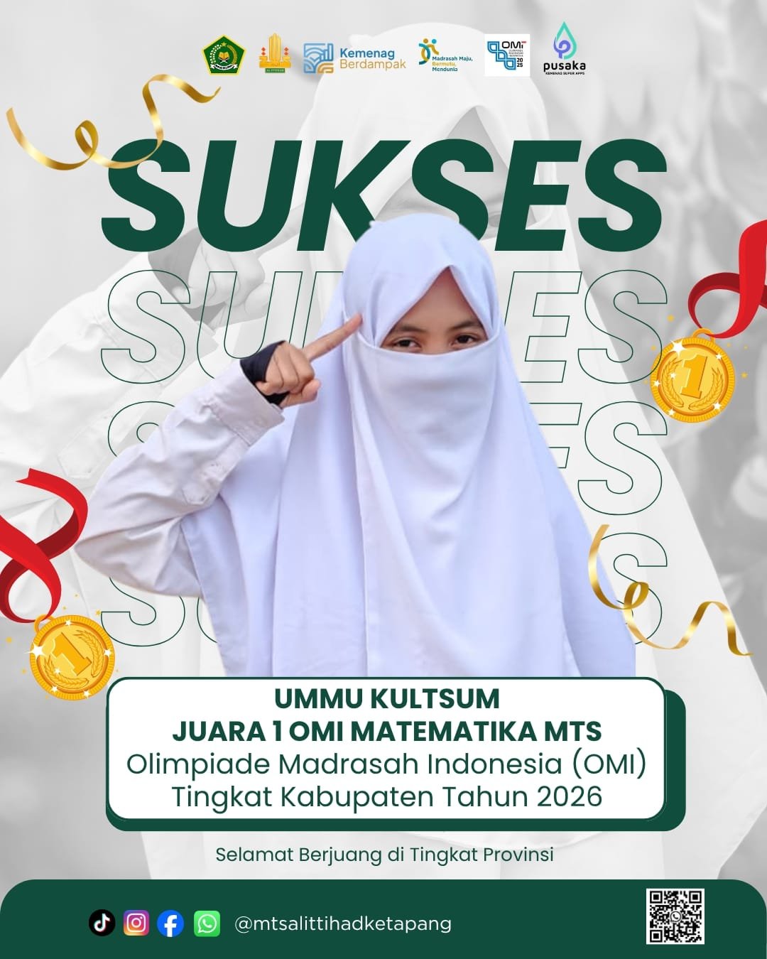 Siswi MTs Al Ittihad Ketapang peraih juara 1 OMI Matematika tingkat kabupaten 2026.