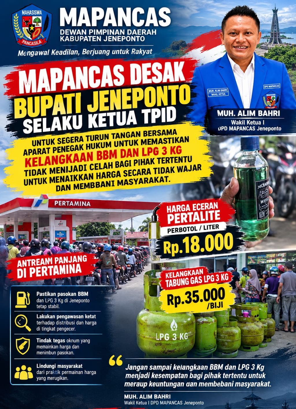 Antrean panjang kendaraan bermotor di salah satu SPBU di Kabupaten Jeneponto akibat kelangkaan BBM Pertalite.