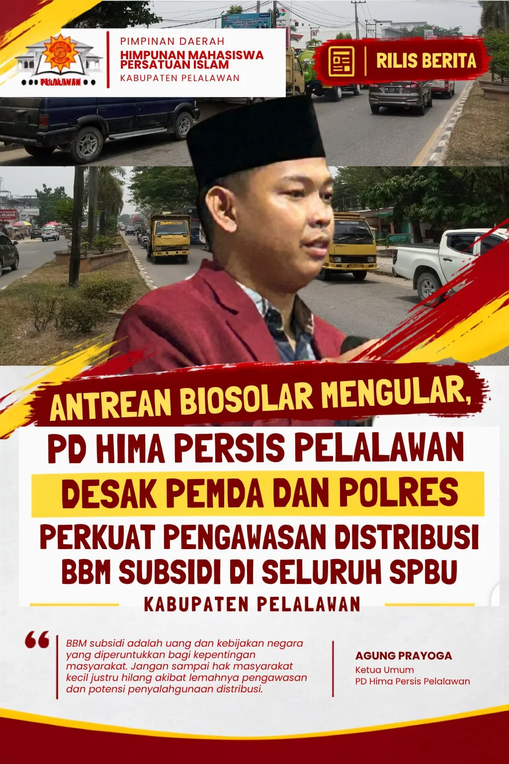Kondisi antrean panjang kendaraan truk dan mobil pribadi di salah satu SPBU di Kabupaten Pelalawan demi mendapatkan Biosolar.