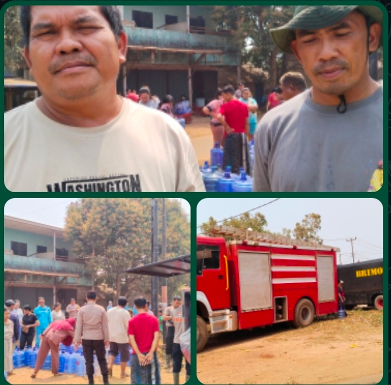 Penyaluran bantuan air bersih oleh PT WHW dan Brimob Polda Kalbar bagi warga Dusun Sungai Tengar.