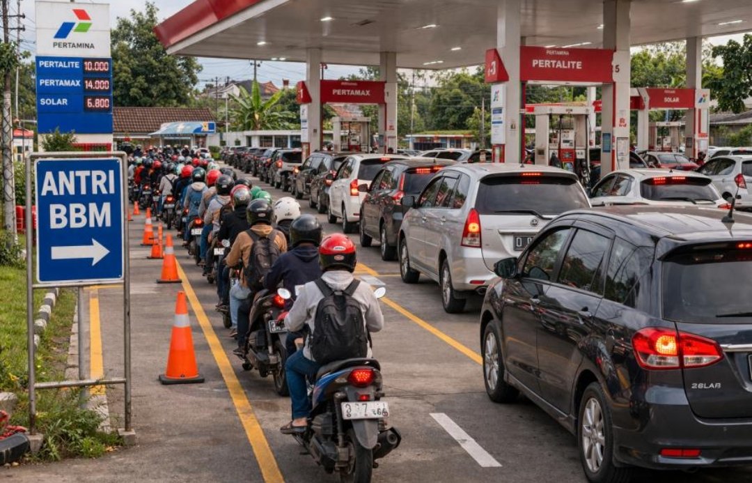 Antrean panjang kendaraan bermotor mengisi BBM Pertalite di salah satu SPBU.