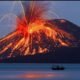 Semburan lava pijar dan aktivitas vulkanik Gunung Anak Krakatau di Selat Sunda.