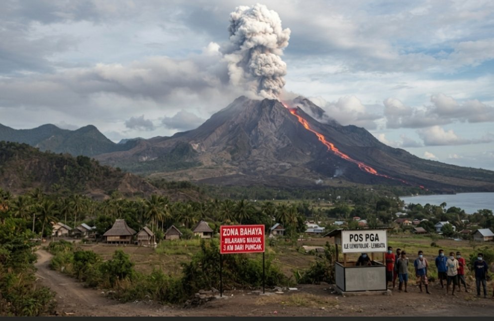 Erupsi dan kepulan asap vulkanik dari kawah Gunung Ile Lewotolok di Lembata, NTT.