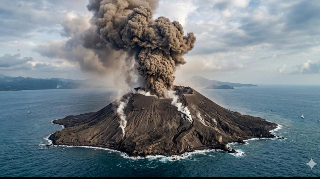 Letusan Gunung Anak Krakatau yang menyemburkan abu vulkanik ke udara.