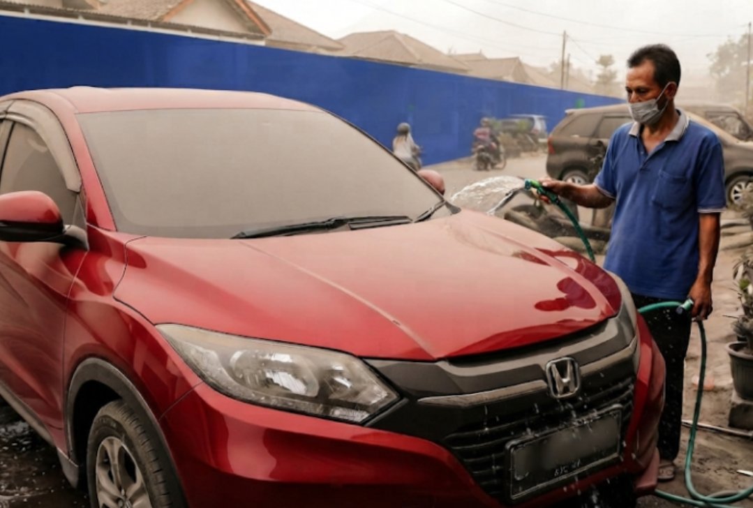 Mobil tertutup abu vulkanik di luar ruangan.