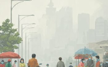 Suasana jalanan di Jakarta diselimuti debu akibat sebaran abu vulkanik Anak Krakatau.