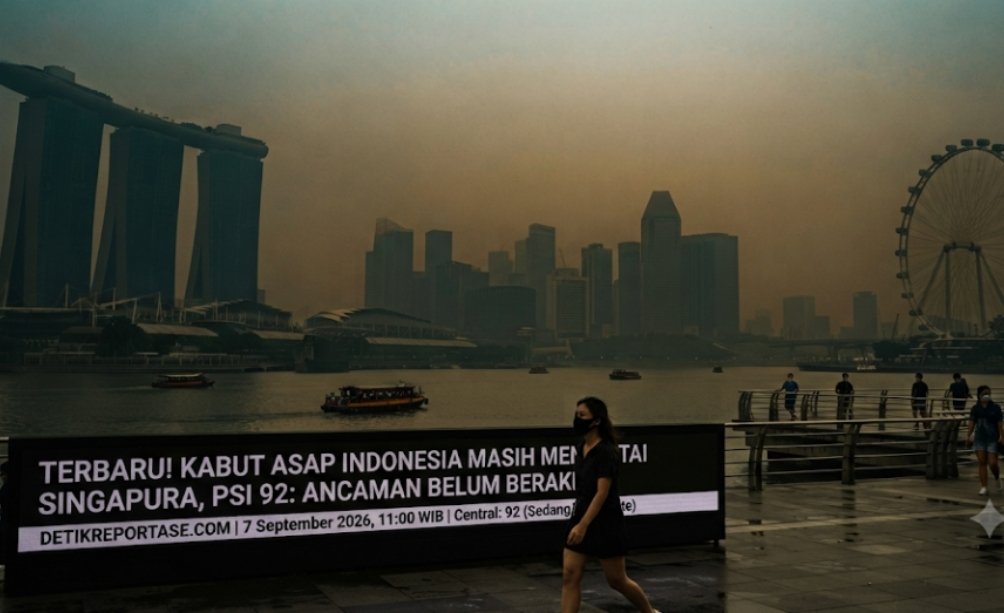 Lanskap kota Singapura yang diselimuti kabut tipis akibat asap lintas batas.