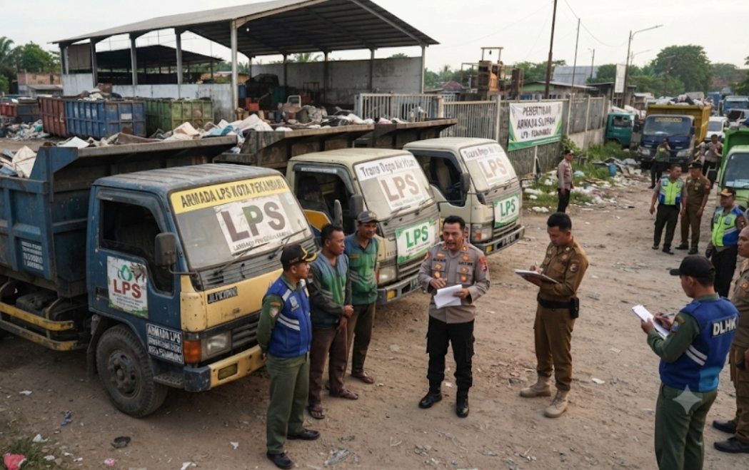 Petugas DLHK dan Satpol PP Pekanbaru saat memeriksa kendaraan pengangkut sampah di Trans Depo Air Hitam.