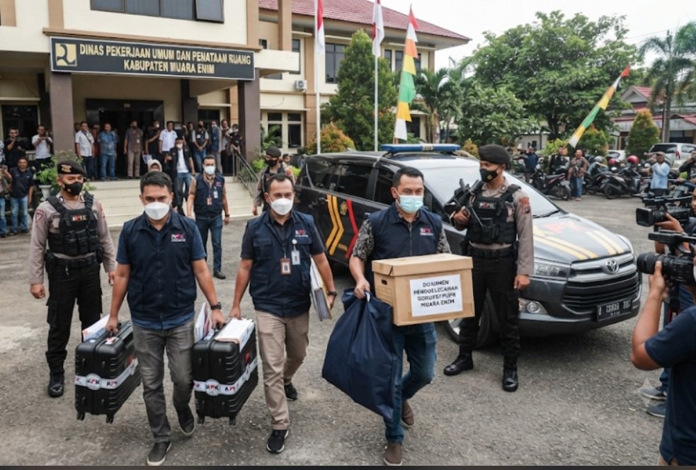 Suasana penggeledahan oleh tim penyidik KPK di kantor pemerintahan Kabupaten Muara Enim.