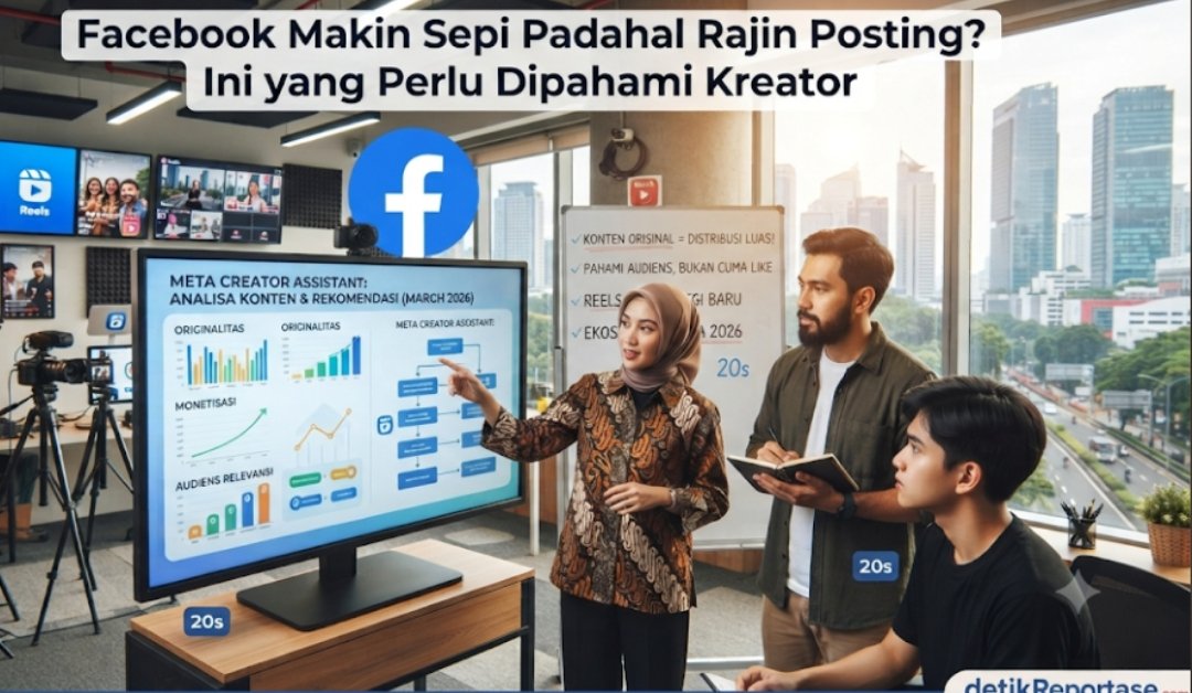 Ilustrasi kreator konten digital yang sedang menganalisis performa postingan dan video di platform Meta Facebook.