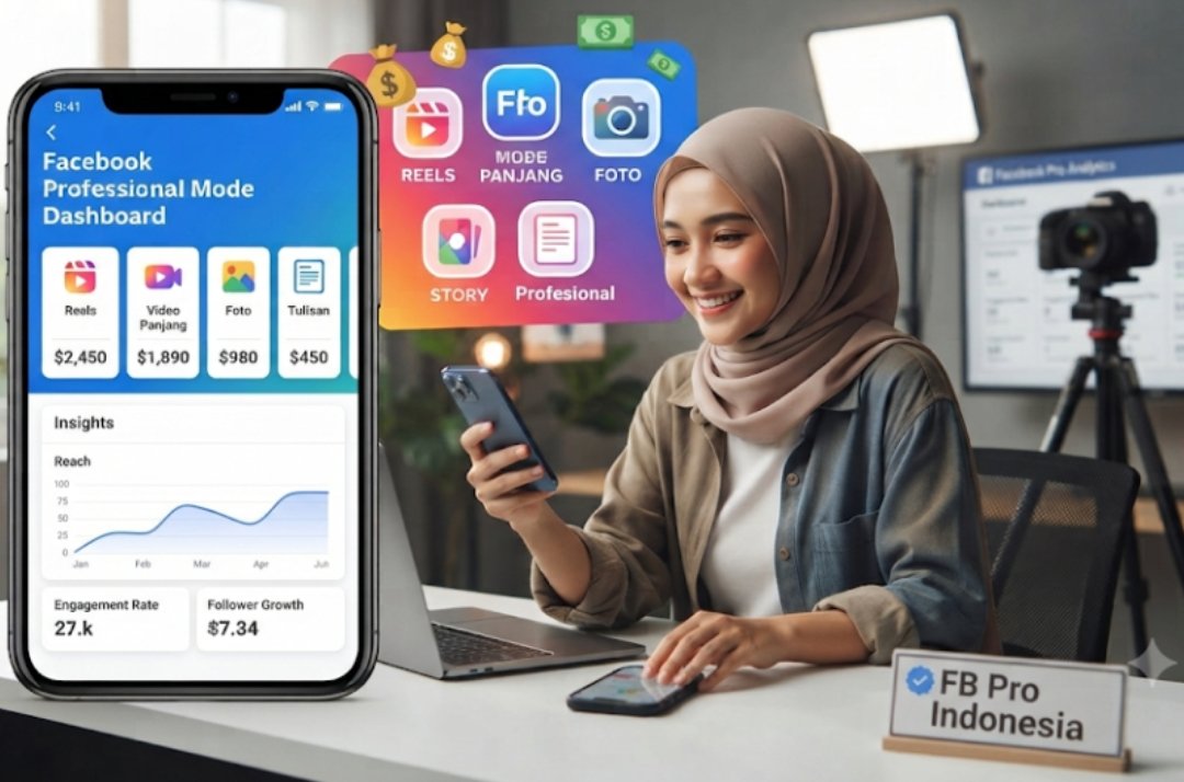 Ilustrasi layar ponsel menampilkan fitur monetisasi Facebook Content Monetization untuk kreator.