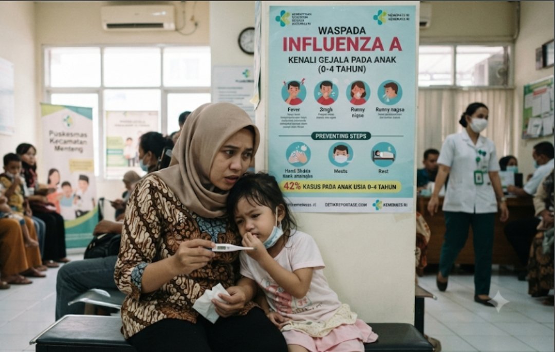 Ilustrasi pemeriksaan kesehatan anak terkait kenaikan kasus Influenza A di Indonesia.