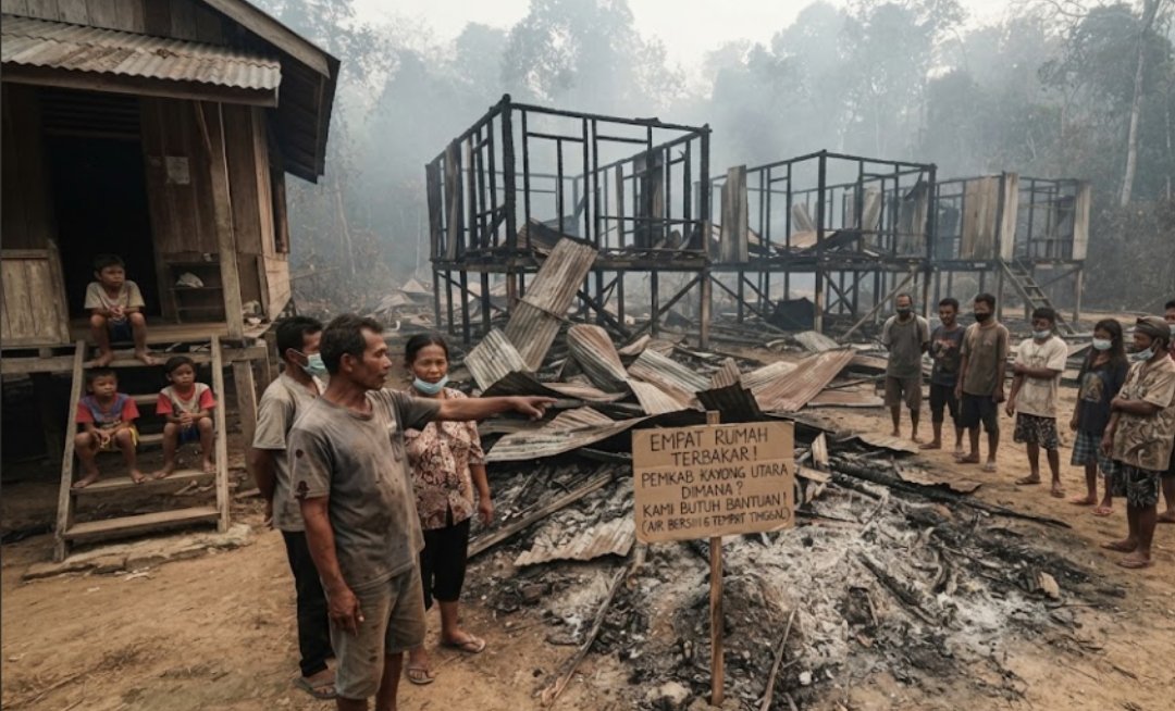 Kondisi pemukiman warga pasca insiden kebakaran empat rumah di Desa Durian Sebatang, Kayong Utara.