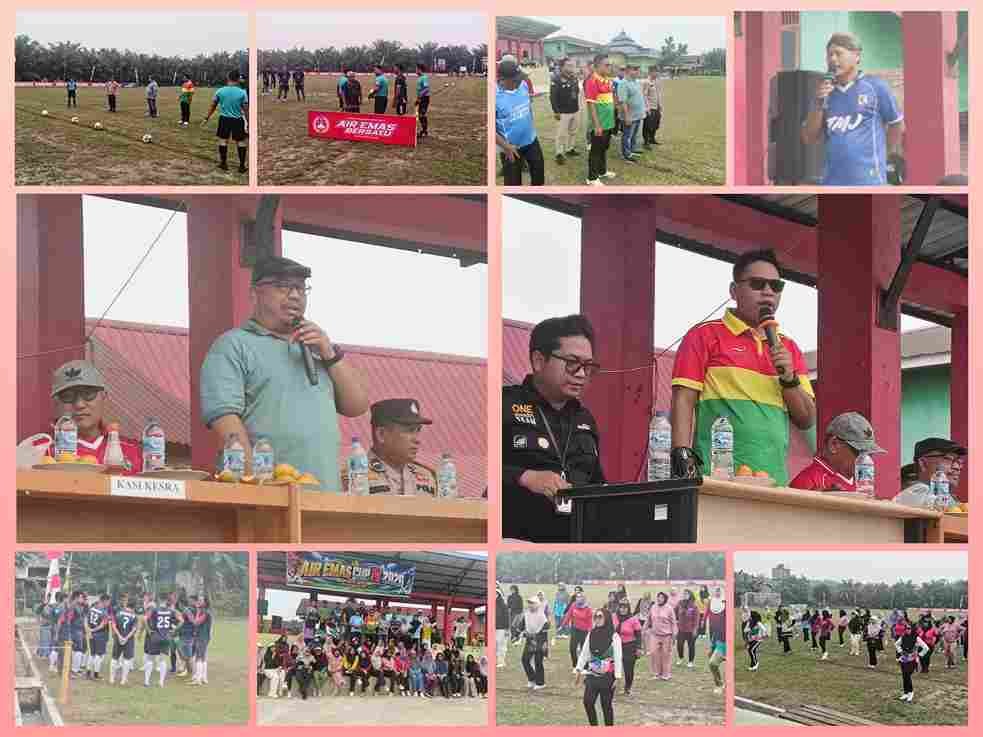 Camat Ukui Joko Hadi Saifudin Zuhri bersama Kades Air Emas Agus Pamuji saat meresmikan pembukaan Airemas Cup VI di Pelalawan.
