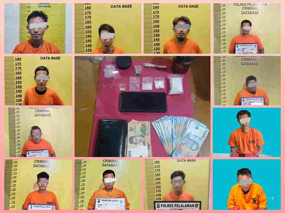 Barang bukti sabu, ganja, ekstasi, dan uang tunai beserta 14 tersangka narkoba yang diamankan Polres Pelalawan.