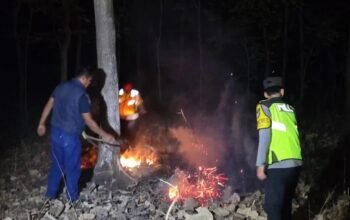 Petugas kepolisian dan Perhutani saat melakukan pengecekan serta pemadaman titik api karhutla di Ngawi.