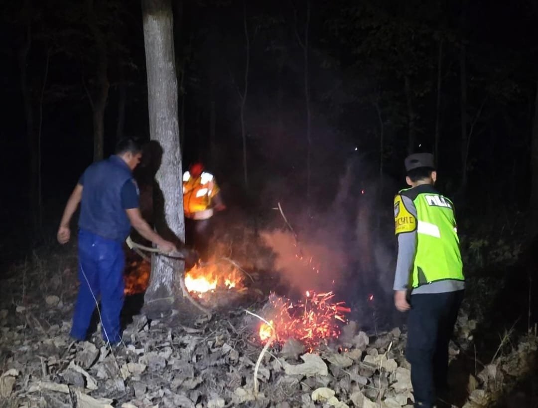 Petugas kepolisian dan Perhutani saat melakukan pengecekan serta pemadaman titik api karhutla di Ngawi.