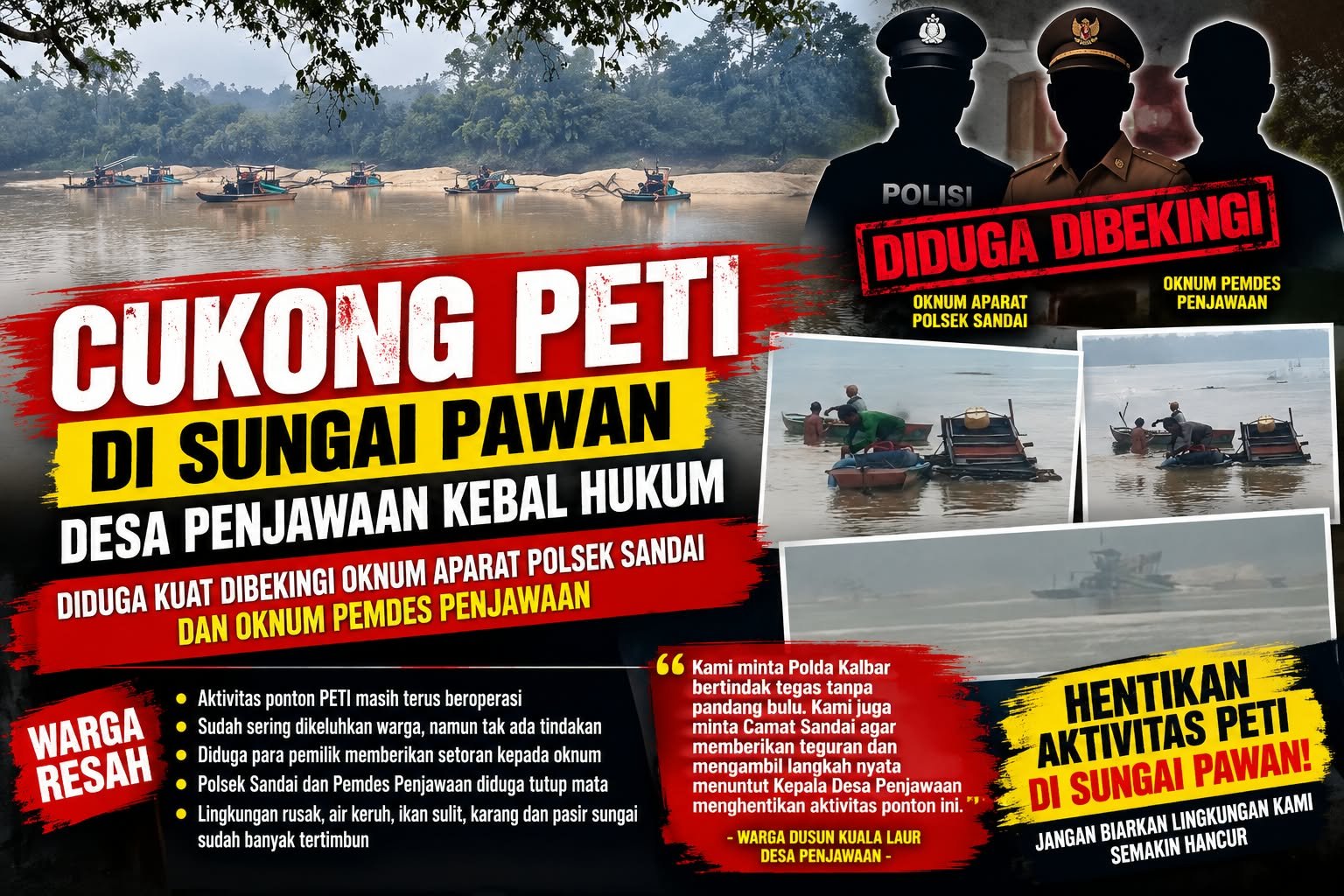 Sejumlah ponton penambangan emas tanpa izin (PETI) beroperasi di aliran Sungai Pawan, Desa Penjawaan, Ketapang.