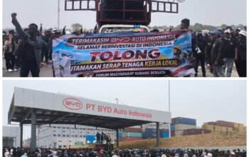 Forum Masyarakat Subang Bersatu (FMSB) menggelar aksi damai di kawasan PT BYD Auto Indonesia,