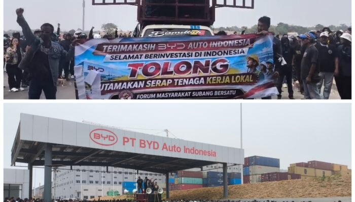 Forum Masyarakat Subang Bersatu (FMSB) menggelar aksi damai di kawasan PT BYD Auto Indonesia,