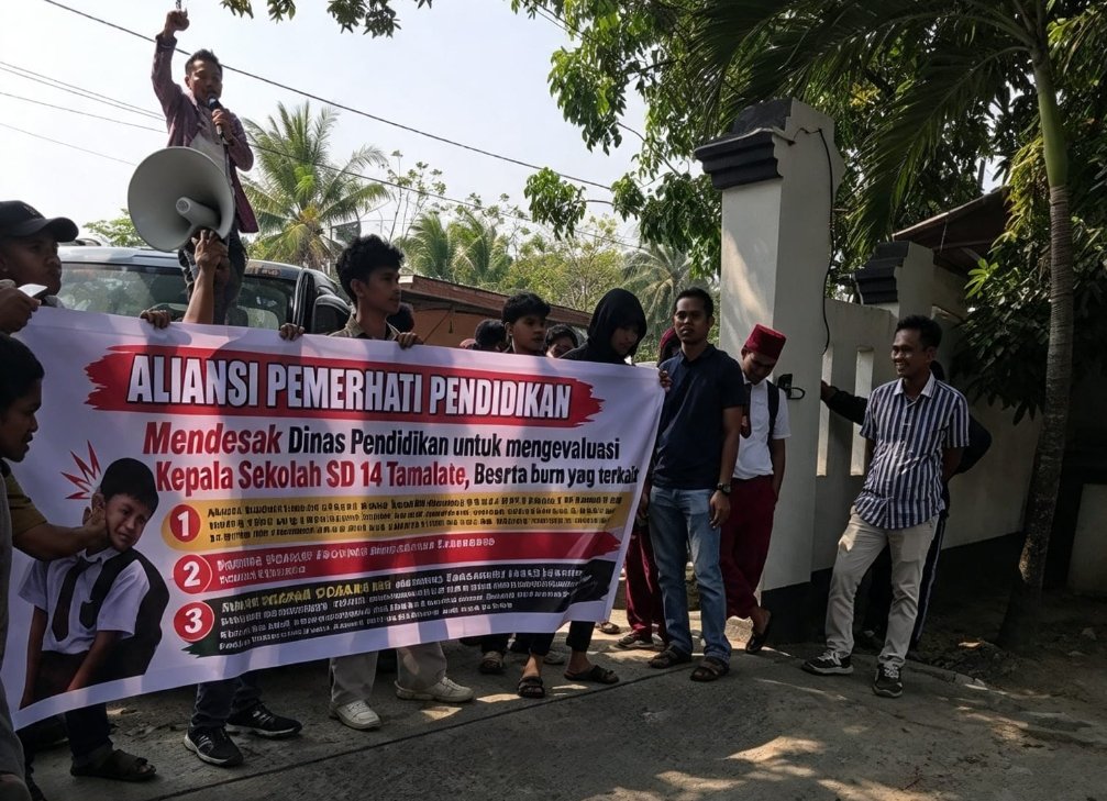 Massa Aliansi Pemerhati Pendidikan menggelar unjuk rasa di depan Kantor Dinas Pendidikan Jeneponto.