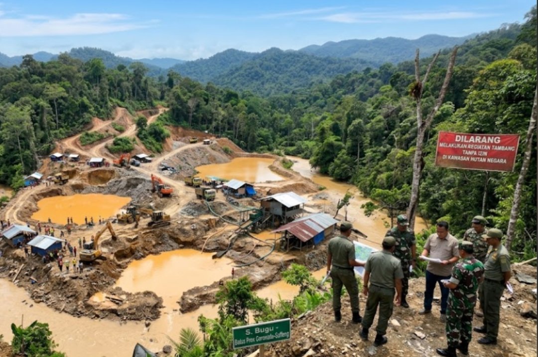 Areal pertambangan emas tanpa izin (PETI) di kawasan perbatasan Bugu Pohuwato Gorontalo dan Buol Sulteng.